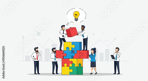 Diverse business team collaborating to build colorful jigsaw puzzle with new idea lightbulb illustration isolated PNG with Transparent Background