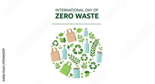 International day of zero waste vector graphic illustration promoting eco friendly practices and sustainable living with reusable bags and bottles