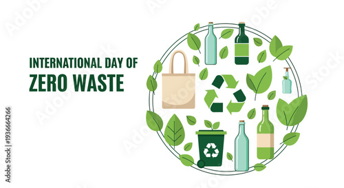 Zero waste concept illustration for international day with reusable bag and recycling symbols promoting sustainability and environmental conservation efforts worldwide together