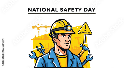 Vector illustration of a construction worker promoting national safety day with caution sign and tools