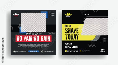 Gym fitness club workout advertising design bundle including social media post template, square flyer poster, promotional banner ads and web banner layout for personal trainer marketing
