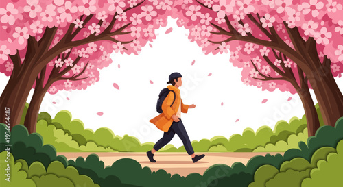 Dynamic traveler walking under a canopy of cherry blossoms