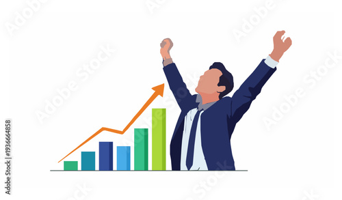 Professional businessman rejoicing watching growth graph flat vector