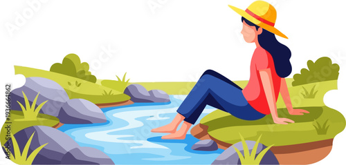 Female hiker cooling her feet in a mountain stream