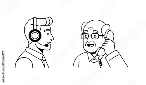 Call center male operator assisting elderly man flat vector illustration EPS 10