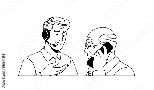 Customer support call center operator assisting elderly man vector illustration