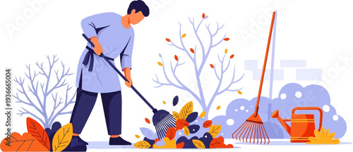 Gardener raking autumn leaves in backyard