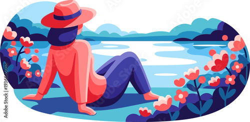 Girl sitting by a peaceful lake surrounded by flowers