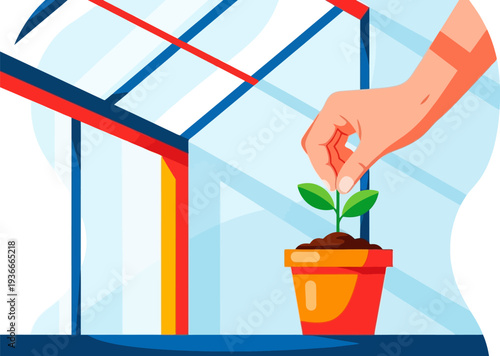 Hand placing a small potted plant inside a greenhouse