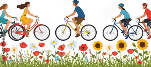 Group of diverse people riding bicycles through a meadow of wildflowers