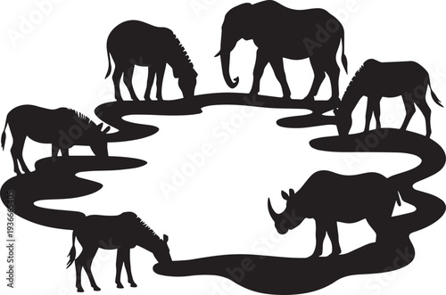 African wildlife silhouette around waterhole including elephant rhino and zebra silhouettes