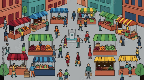 Vibrant Outdoor Marketplace Scene with Diverse Shoppers and Colorful Stalls Under a Bright Sky