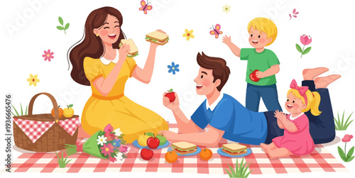 Happy family sharing a meal outdoors on a checkered picnic blanket
