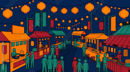 Vibrant Night Market Scene With Colorful Stalls Lanterns And Bustling Crowds