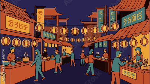 Vibrant Night Market Scene With People Browsing Stalls Under Lanterns In A Traditional Asian Cityscape With Warm Illuminations And Decorative Banners