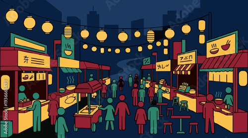 Crowded Night Market Scene with Stalls and Lanterns Under a Dark Blue Sky