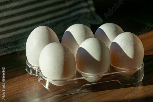 White eggs in plastic tray on wooden table