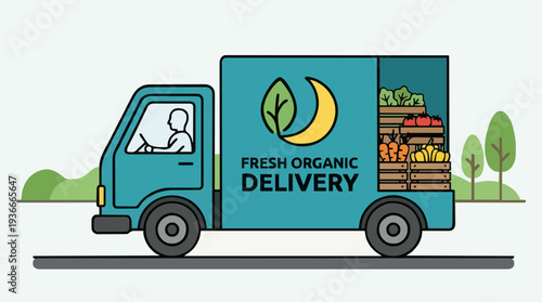 Teal Delivery Truck Loaded With Fresh Organic Produce Driving on a Road with Trees and Hills in the Background