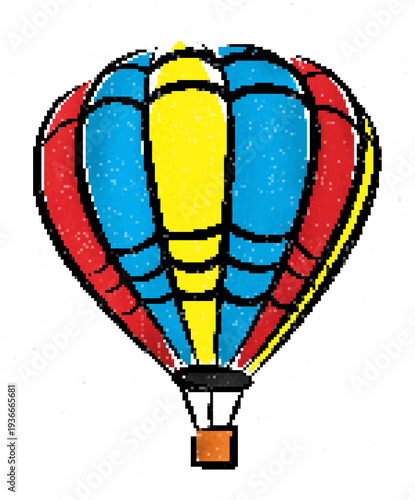A pixel symbol of a color hot air balloon in flight.
