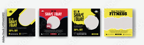 Creative gym fitness workout social media marketing templates featuring square flyer poster design, promotional banner ads and web banner layouts for fitness club bodybuilding promotion