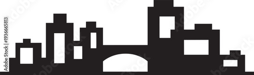 Black silhouette of modern city skyline with tall buildings and bridge over river vector