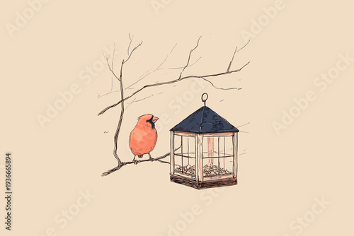 Red Cardinal Perched on Window Feeder