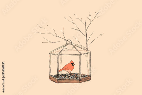 Red Cardinal Perched on Window Feeder