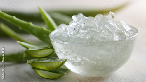 Fresh transparent gel extracted from succulent plants in a clear bowl with green leaves on a light wood background, natural skincare health concept