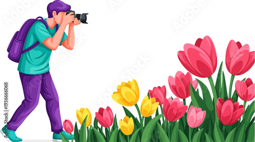 Male photographer capturing blooming tulips in a spring garden