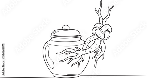 Traditional clay pot and tied ginseng roots bundle in continuous one line drawing. Asian herbal medicine in simple linear style. Natural health therapy in editable stroke. Doodle oneline vector art.