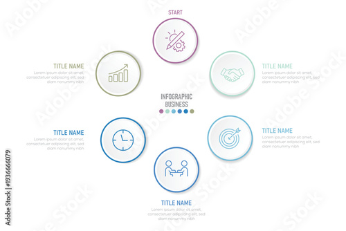 6 circle infographic. Circular arrows with 6 steps.  Process chart, cycle diagram for business presentation, report. Vector illustration.
