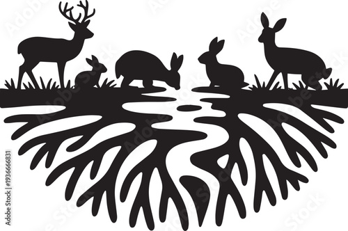 Deer and rabbits drinking water from stream in nature
