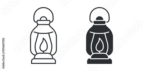 Vintage oil lantern outline and solid silhouette icon set. Vector illustration.
