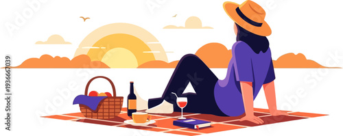 Solitary woman enjoying a picnic while watching the sunset by the ocean