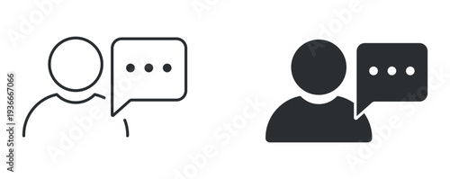 User chat message communication outline and solid silhouette icon set. Vector illustration.