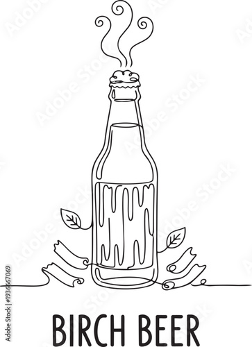 Birch beer bottle with fizz and typography in continuous one line drawing. Traditional carbonated soft drink in simple linear style. Beverage menu in editable stroke. Doodle oneline vector art.