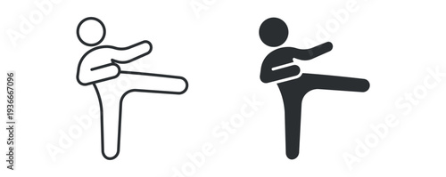 Martial arts kick action outline and solid silhouette icon set. Vector illustration