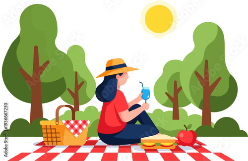 Woman enjoying a refreshing drink at a park picnic