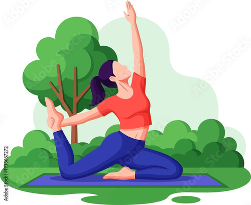 Woman performing advanced yoga stretch in a green park