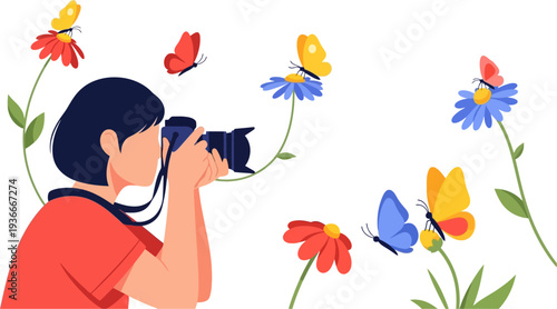 Woman photographing butterflies fluttering around colorful garden flowers