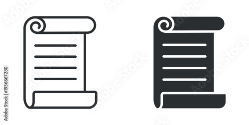 Scroll document parchment outline and solid silhouette icon set. Vector illustration.