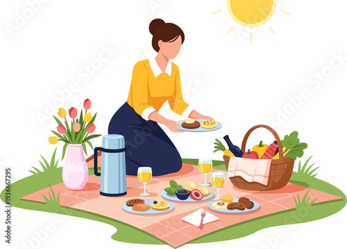 Woman preparing a gourmet picnic spread on a sunny day