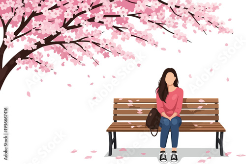 Woman sitting alone on a wooden park bench under falling cherry blossom petals