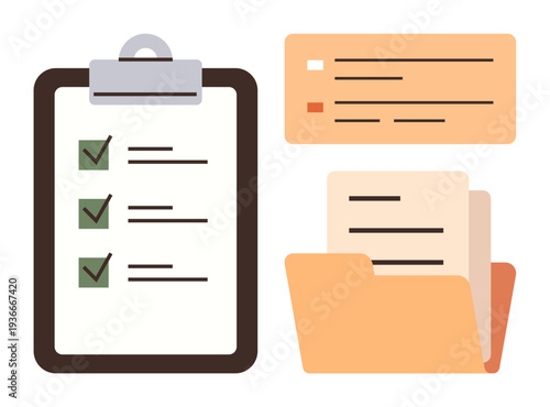 Task management, organization tools, workflow, productivity, documentation, data keeping. A clipboard with a checklist, folder with files and a notes section. Task management and organization tools