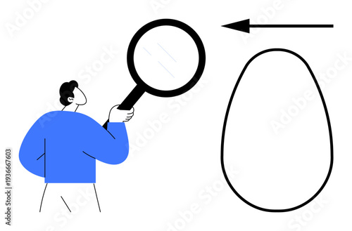 Exploration concept. Man observing a hollow shape through a magnifying glass with directional arrow. Exploration, discovery, and analysis in business, education, or science. For research