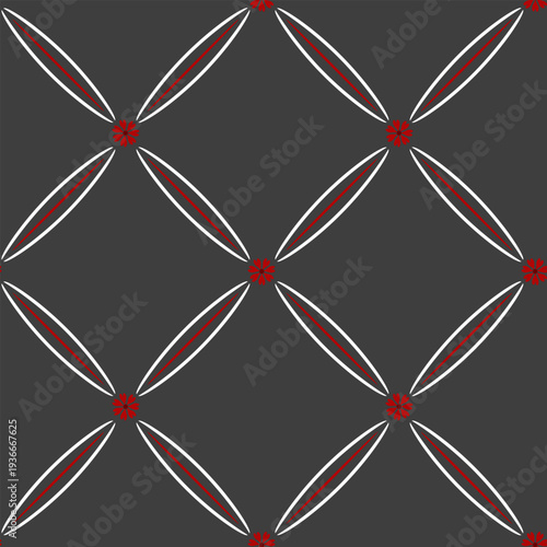 Geometric seamless vector pattern featuring dark red floral rosettes and white oval lines. Perfect for boutique packaging, textile printing, branding, apparel, and home decor accessories