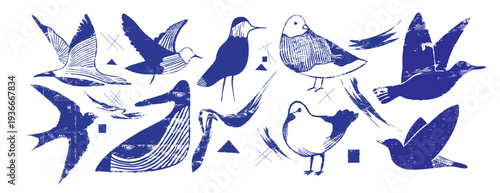 Cobalt Blue Bird Vector Illustrations Set in Cyanotype Linocut Style. Minimalist Mid-Century Woodcut Collection of Flying Wildlife Animals. Distressed Blockprint Texture and Monochrome Ink Sketches