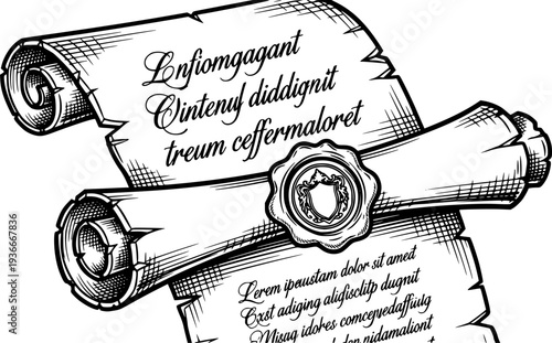 Classic hand drawn document scroll with text and wax seal