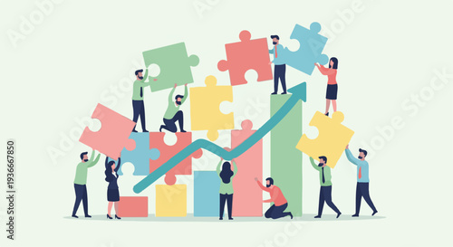 Business Team Collaboration Building Growing Bar Chart with Puzzle Pieces and Upward Arrow isolated PNG with Transparent Background