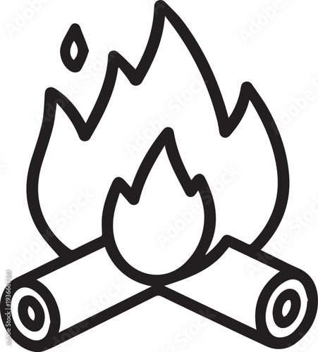 A simple line drawing of a campfire, featuring the essential elements: burning flames atop crossed logs, illustrating the fundamental components of outdoor recreation and cooking.
